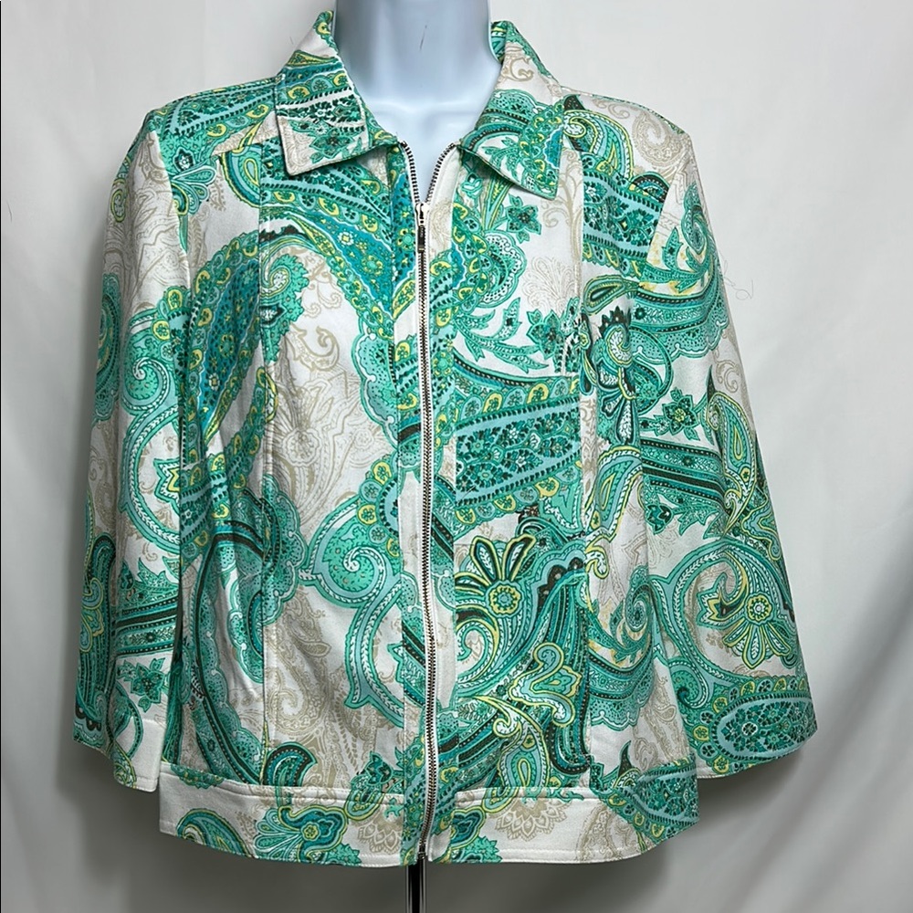 Chico’s Women’s Size Small Full Zip Front Teal White Paisley Print Jacket Top